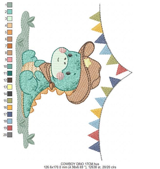 Dinosaur with cowboy hat embroidery designs - Birthday Party Dino with flags machine embroidery pattern - Baby Boy file - Instant download