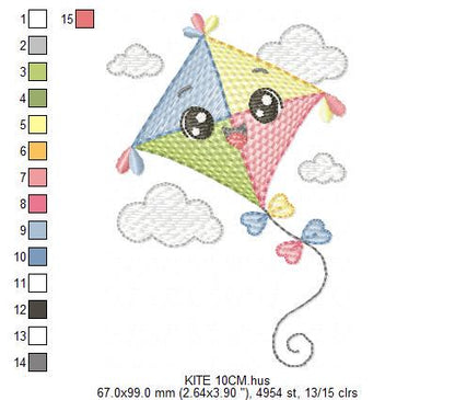 Colorful Kite embroidery designs - Baby Boy Toy machine embroidery pattern - Sunning sky flying clouds - Instant digital download pes jef
