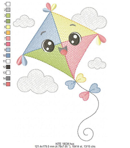 Colorful Kite embroidery designs - Baby Boy Toy machine embroidery pattern - Sunning sky flying clouds - Instant digital download pes jef