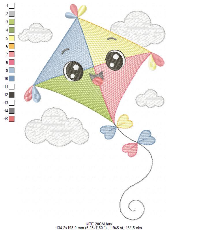 Colorful Kite embroidery designs - Baby Boy Toy machine embroidery pattern - Sunning sky flying clouds - Instant digital download pes jef