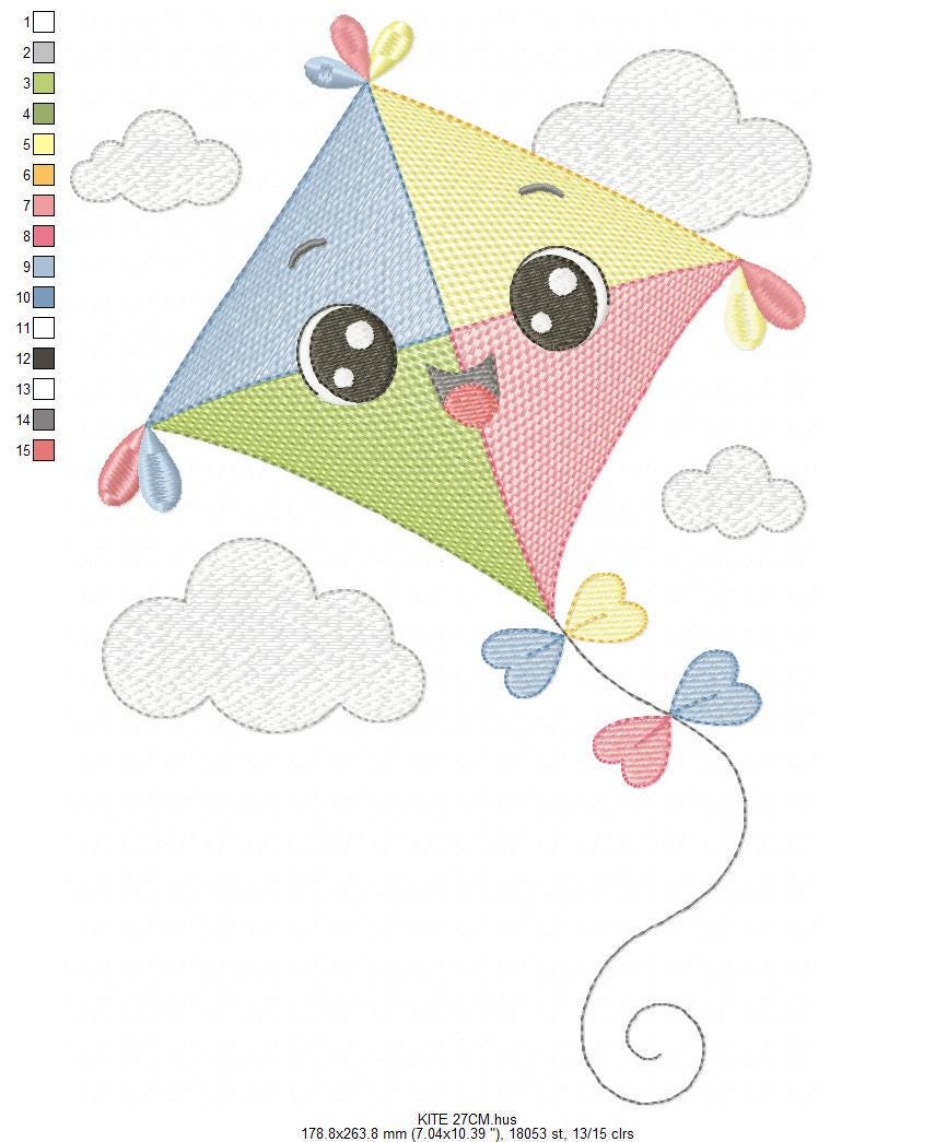 Colorful Kite embroidery designs - Baby Boy Toy machine embroidery pattern - Sunning sky flying clouds - Instant digital download pes jef