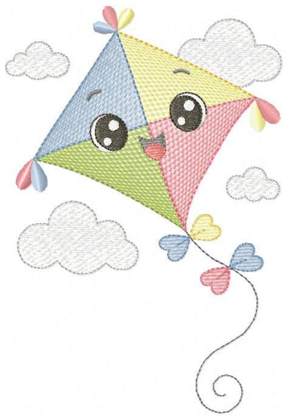 Colorful Kite embroidery designs - Baby Boy Toy machine embroidery pattern - Sunning sky flying clouds - Instant digital download pes jef