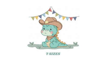 Dinosaur with cowboy hat embroidery designs - Birthday Party Dino with flags machine embroidery pattern - Baby Boy file - Instant download