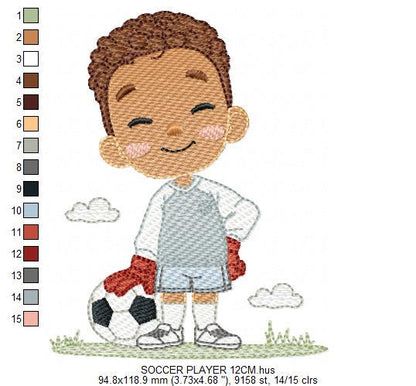 Soccer player embroidery designs - Baby Boy with Black curly hair machine embroidery file - Goalkeeper with soccer ball - Instant download
