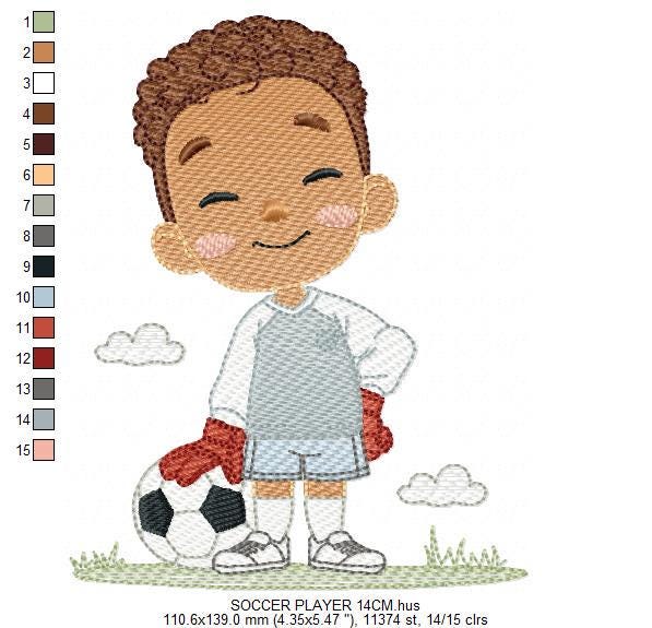 Soccer player embroidery designs - Baby Boy with Black curly hair machine embroidery file - Goalkeeper with soccer ball - Instant download