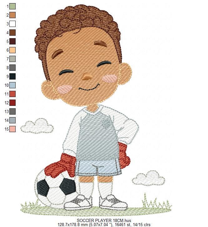 Soccer player embroidery designs - Baby Boy with Black curly hair machine embroidery file - Goalkeeper with soccer ball - Instant download