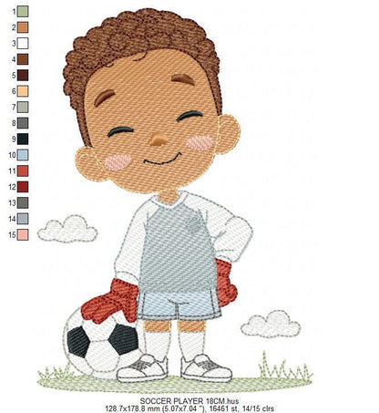 Soccer player embroidery designs - Baby Boy with Black curly hair machine embroidery file - Goalkeeper with soccer ball - Instant download