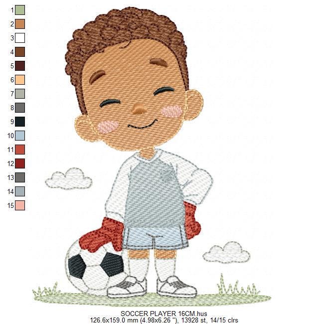 Soccer player embroidery designs - Baby Boy with Black curly hair machine embroidery file - Goalkeeper with soccer ball - Instant download