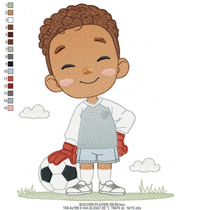 Soccer player embroidery designs - Baby Boy with Black curly hair machine embroidery file - Goalkeeper with soccer ball - Instant download