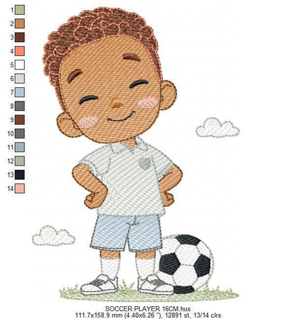 Soccer player embroidery designs - Baby Boy with Black curly hair machine embroidery file - Boy with soccer ball - Instant digital download