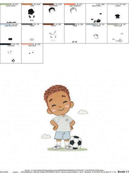 Soccer player embroidery designs - Baby Boy with Black curly hair machine embroidery file - Boy with soccer ball - Instant digital download