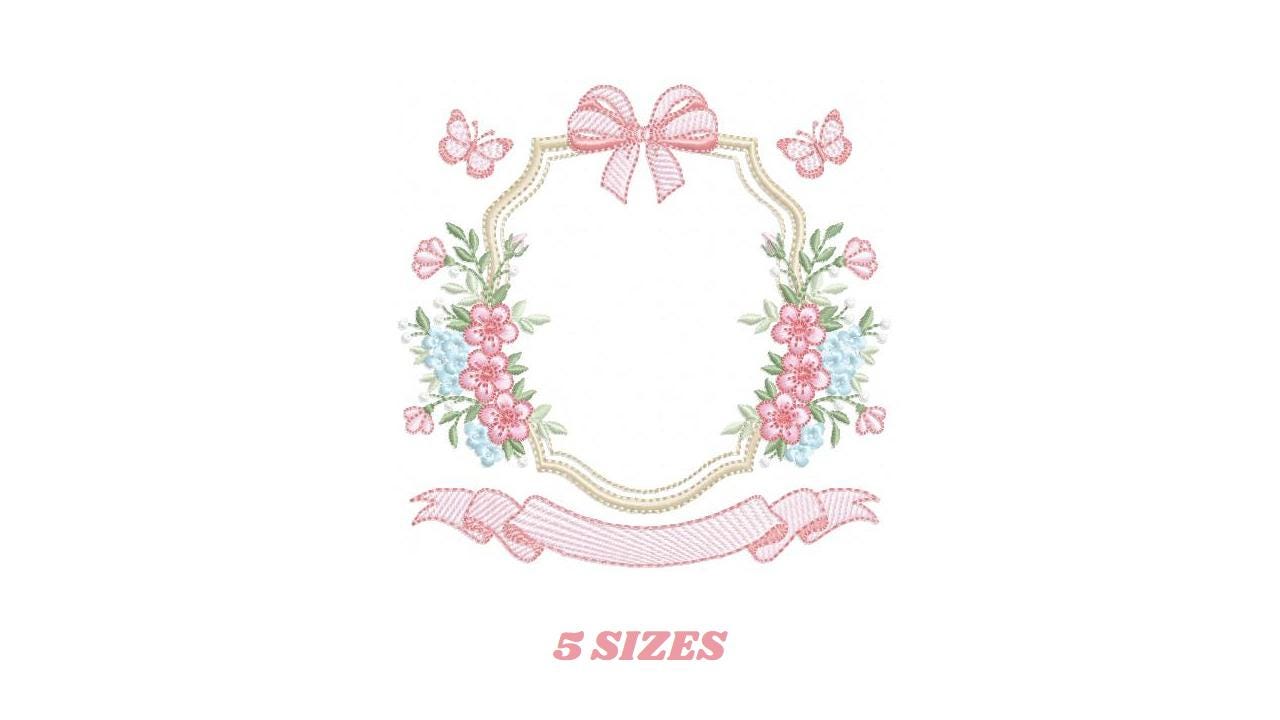 Monogram Frame with roses embroidery designs - Flower Laurel wreath machine embroidery pattern - Kitchen Towel file - Instant download jef