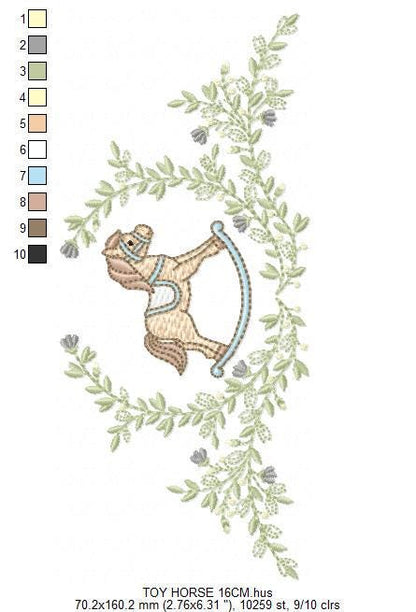 Toy Horse embroidery design - Baby boy rocking horse laurel frame machine embroidery pattern - Instant digital download pes jef hus dst vp3
