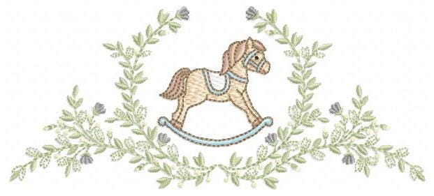 Toy Horse embroidery design - Baby boy rocking horse laurel frame machine embroidery pattern - Instant digital download pes jef hus dst vp3
