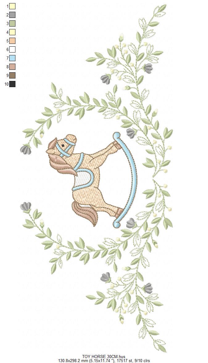Toy Horse embroidery design - Baby boy rocking horse laurel frame machine embroidery pattern - Instant digital download pes jef hus dst vp3
