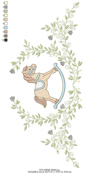 Toy Horse embroidery design - Baby boy rocking horse laurel frame machine embroidery pattern - Instant digital download pes jef hus dst vp3