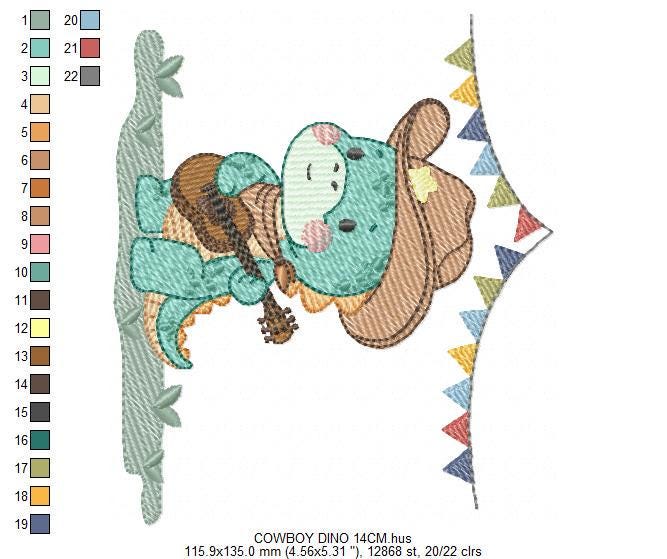 Dinosaur with cowboy hat embroidery designs - Dino with flags playing guitar machine embroidery pattern - Baby Boy file - Instant download