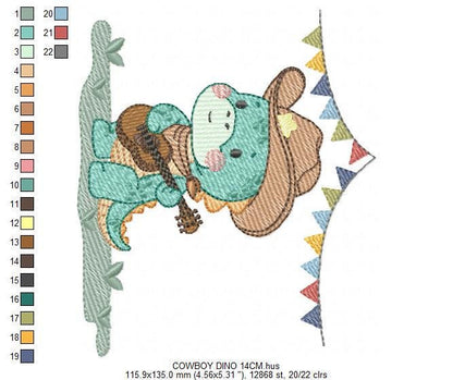 Dinosaur with cowboy hat embroidery designs - Dino with flags playing guitar machine embroidery pattern - Baby Boy file - Instant download