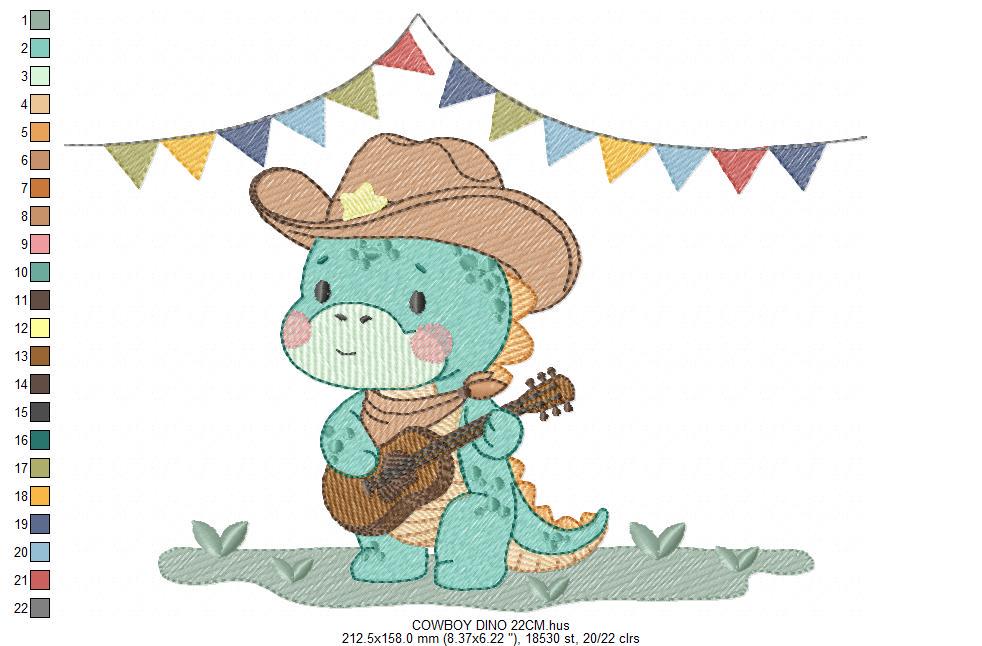 Dinosaur with cowboy hat embroidery designs - Dino with flags playing guitar machine embroidery pattern - Baby Boy file - Instant download