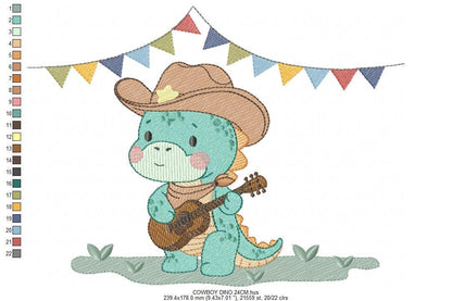 Dinosaur with cowboy hat embroidery designs - Dino with flags playing guitar machine embroidery pattern - Baby Boy file - Instant download