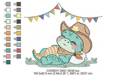 Dinosaur with cowboy hat embroidery designs - Sleeping Dino with flags machine embroidery pattern - Baby Boy file - Instant download pes jef