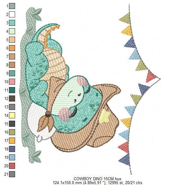 Dinosaur with cowboy hat embroidery designs - Sleeping Dino with flags machine embroidery pattern - Baby Boy file - Instant download pes jef