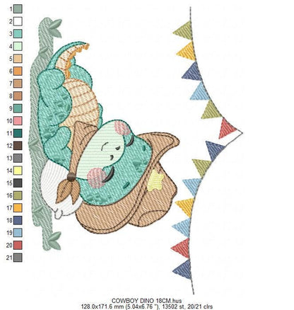 Dinosaur with cowboy hat embroidery designs - Sleeping Dino with flags machine embroidery pattern - Baby Boy file - Instant download pes jef