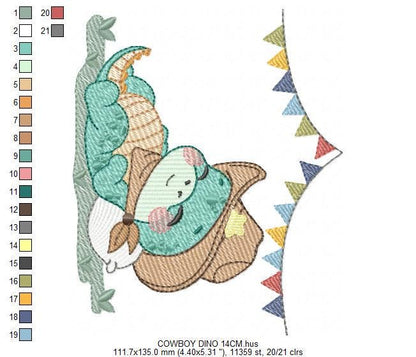 Dinosaur with cowboy hat embroidery designs - Sleeping Dino with flags machine embroidery pattern - Baby Boy file - Instant download pes jef