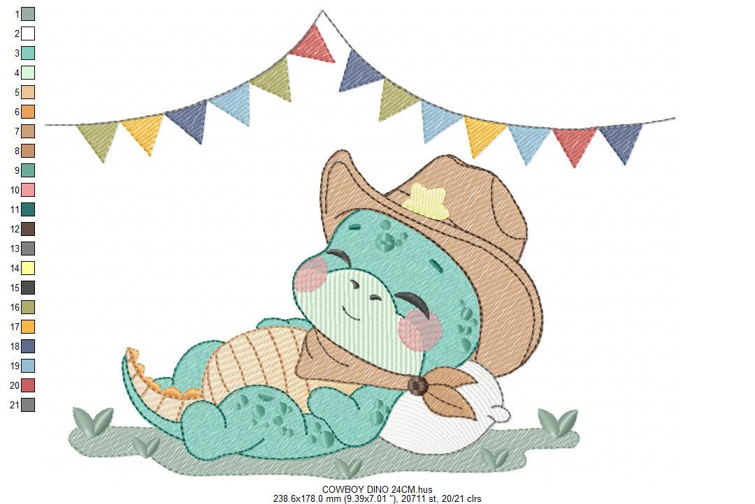Dinosaur with cowboy hat embroidery designs - Sleeping Dino with flags machine embroidery pattern - Baby Boy file - Instant download pes jef