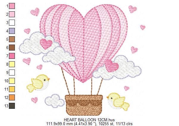 Hot air Balloon embroidery designs - Pink Balloon with birds and hearts machine embroidery pattern - Baby Girl file - instant download pes