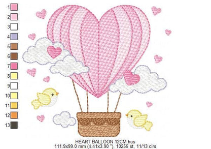 Hot air Balloon embroidery designs - Pink Balloon with birds and hearts machine embroidery pattern - Baby Girl file - instant download pes