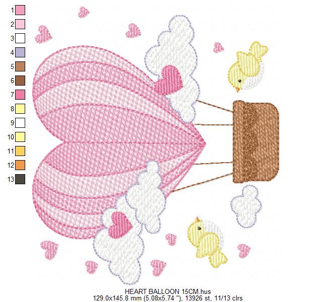 Hot air Balloon embroidery designs - Pink Balloon with birds and hearts machine embroidery pattern - Baby Girl file - instant download pes