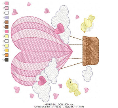 Hot air Balloon embroidery designs - Pink Balloon with birds and hearts machine embroidery pattern - Baby Girl file - instant download pes