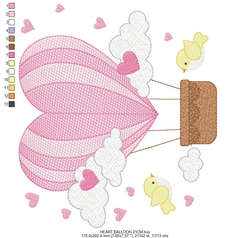 Hot air Balloon embroidery designs - Pink Balloon with birds and hearts machine embroidery pattern - Baby Girl file - instant download pes