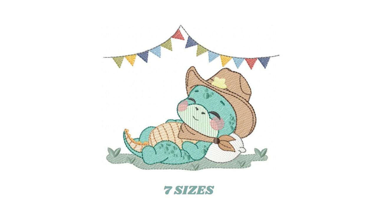 Dinosaur with cowboy hat embroidery designs - Sleeping Dino with flags machine embroidery pattern - Baby Boy file - Instant download pes jef