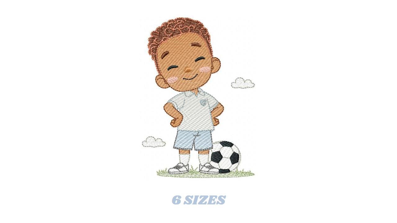 Soccer player embroidery designs - Baby Boy with Black curly hair machine embroidery file - Boy with soccer ball - Instant digital download