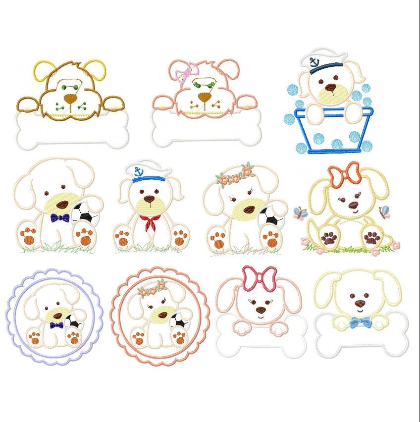 May include: Set of ten embroidered puppy designs. The designs feature puppies in various poses, including playing with a soccer ball, wearing a sailor hat, and sitting with a bone. The designs are perfect for embroidery projects, such as clothing, towels, and bags.