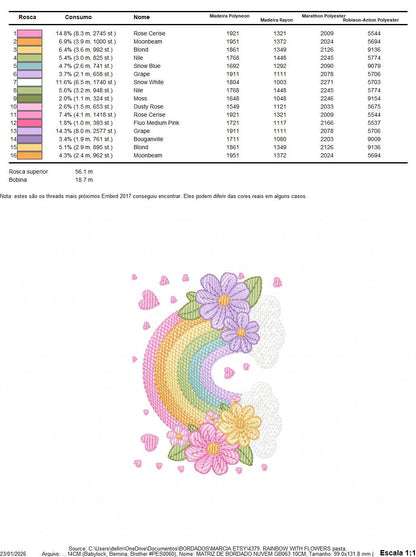 Rainbow with flowers embroidery design - Colorful Rainbow with heartS machine embroidery pattern - Instant digital download pes jef dst vp3
