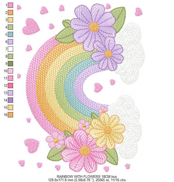 Rainbow with flowers embroidery design - Colorful Rainbow with heartS machine embroidery pattern - Instant digital download pes jef dst vp3