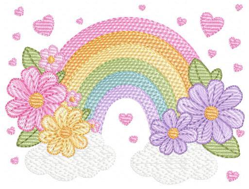 Rainbow with flowers embroidery design - Colorful Rainbow with heartS machine embroidery pattern - Instant digital download pes jef dst vp3
