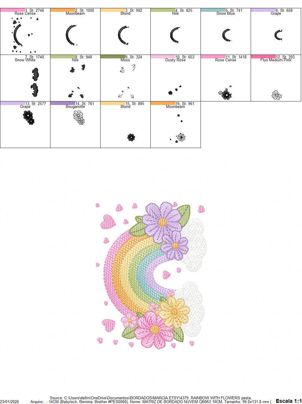 Rainbow with flowers embroidery design - Colorful Rainbow with heartS machine embroidery pattern - Instant digital download pes jef dst vp3