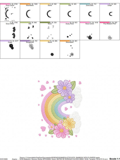 Rainbow with flowers embroidery design - Colorful Rainbow with heartS machine embroidery pattern - Instant digital download pes jef dst vp3