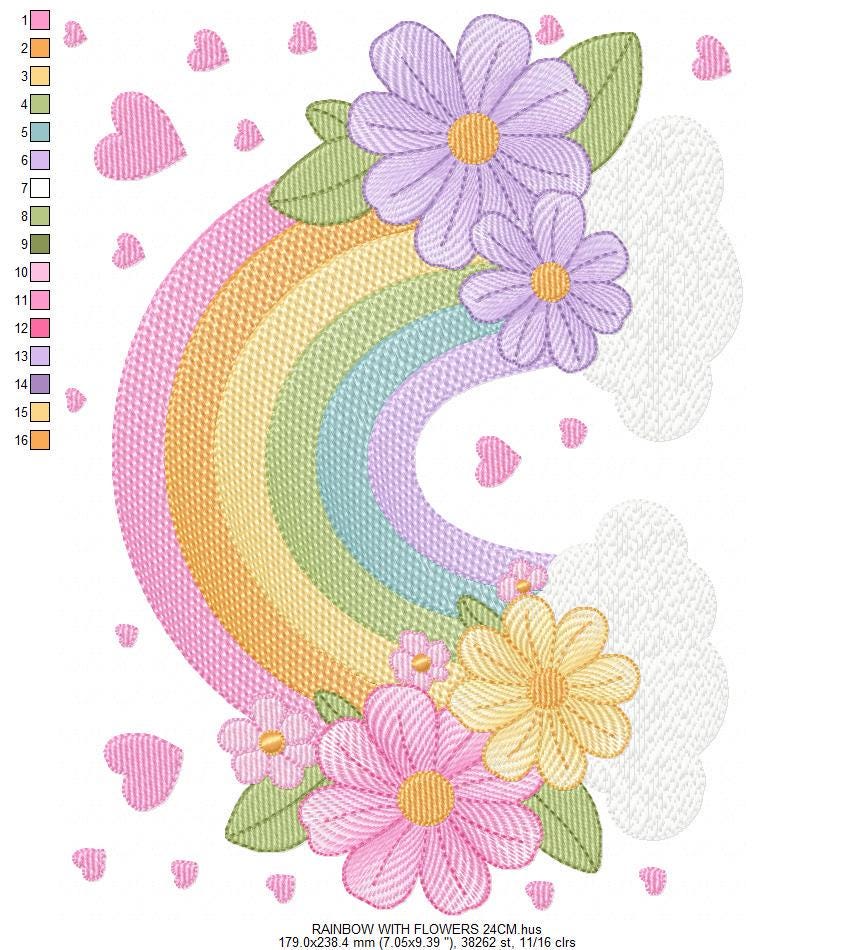 Rainbow with flowers embroidery design - Colorful Rainbow with heartS machine embroidery pattern - Instant digital download pes jef dst vp3