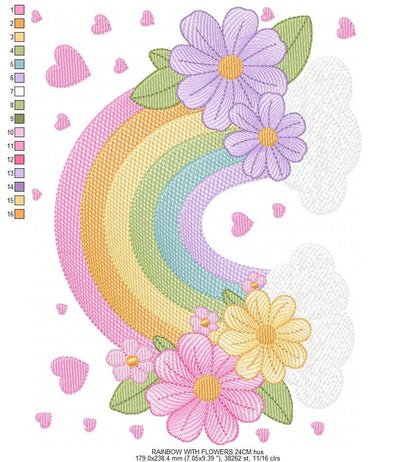 Rainbow with flowers embroidery design - Colorful Rainbow with heartS machine embroidery pattern - Instant digital download pes jef dst vp3