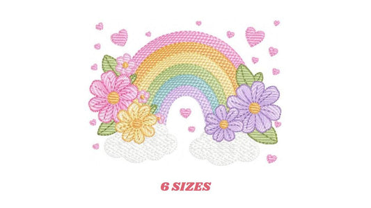 Rainbow with flowers embroidery design - Colorful Rainbow with heartS machine embroidery pattern - Instant digital download pes jef dst vp3