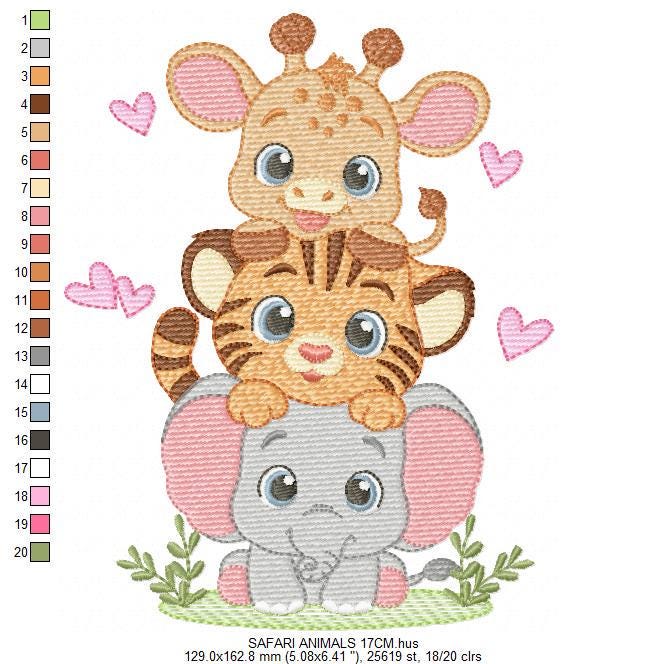 Safari animals embroidery designs - Elephant machine embroidery pattern - Baby girl and boy -Giraffe and Tiger - Instant digital download