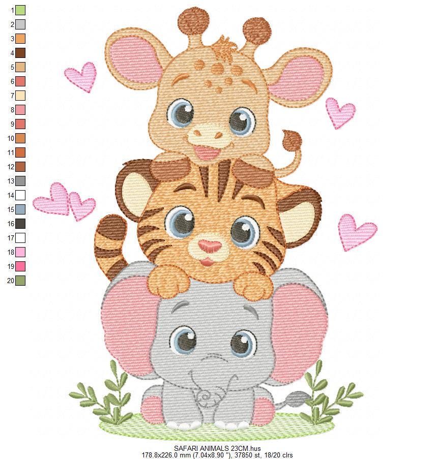 Safari animals embroidery designs - Elephant machine embroidery pattern - Baby girl and boy -Giraffe and Tiger - Instant digital download