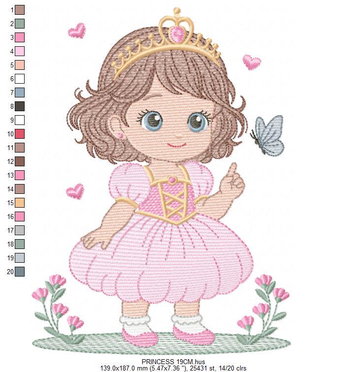 Princess with flowers embroidery designs - Baby girl with crown and hearts machine embroidery pattern - Instant digital download pes dst jef