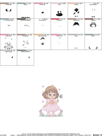 Princess with flowers embroidery designs - Baby girl with crown and hearts machine embroidery pattern - Instant digital download pes dst jef