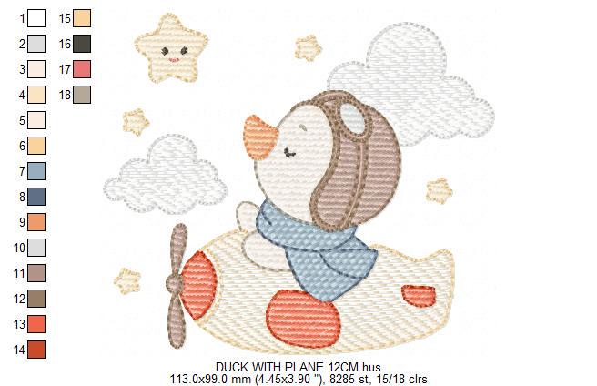 Pilot Duck with plane embroidery design - Aviator animal with airplane machine embroidery pattern - Baby boy file - Instant download pes jef